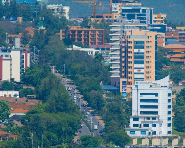 An aerial shot showcasing the modern skyline and architecture of Kigali, Rwanda.